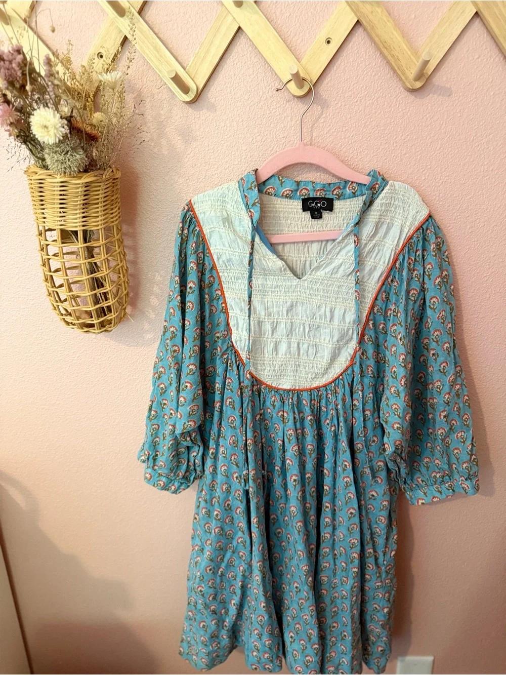 Indian Block Print Blue Printed Peasant Mini Dress with Smocked Bib - Picture 3 of 8